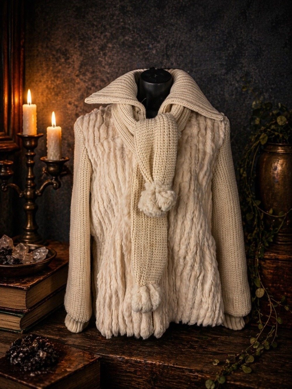 Vintage Old Money Rabbit Fur Sweater Jacket Set • Genuine Fur + Scarf & Gloves